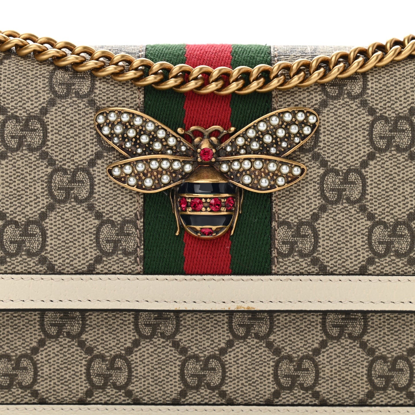GG Supreme Monogram Web Queen Margaret Chain Wallet White