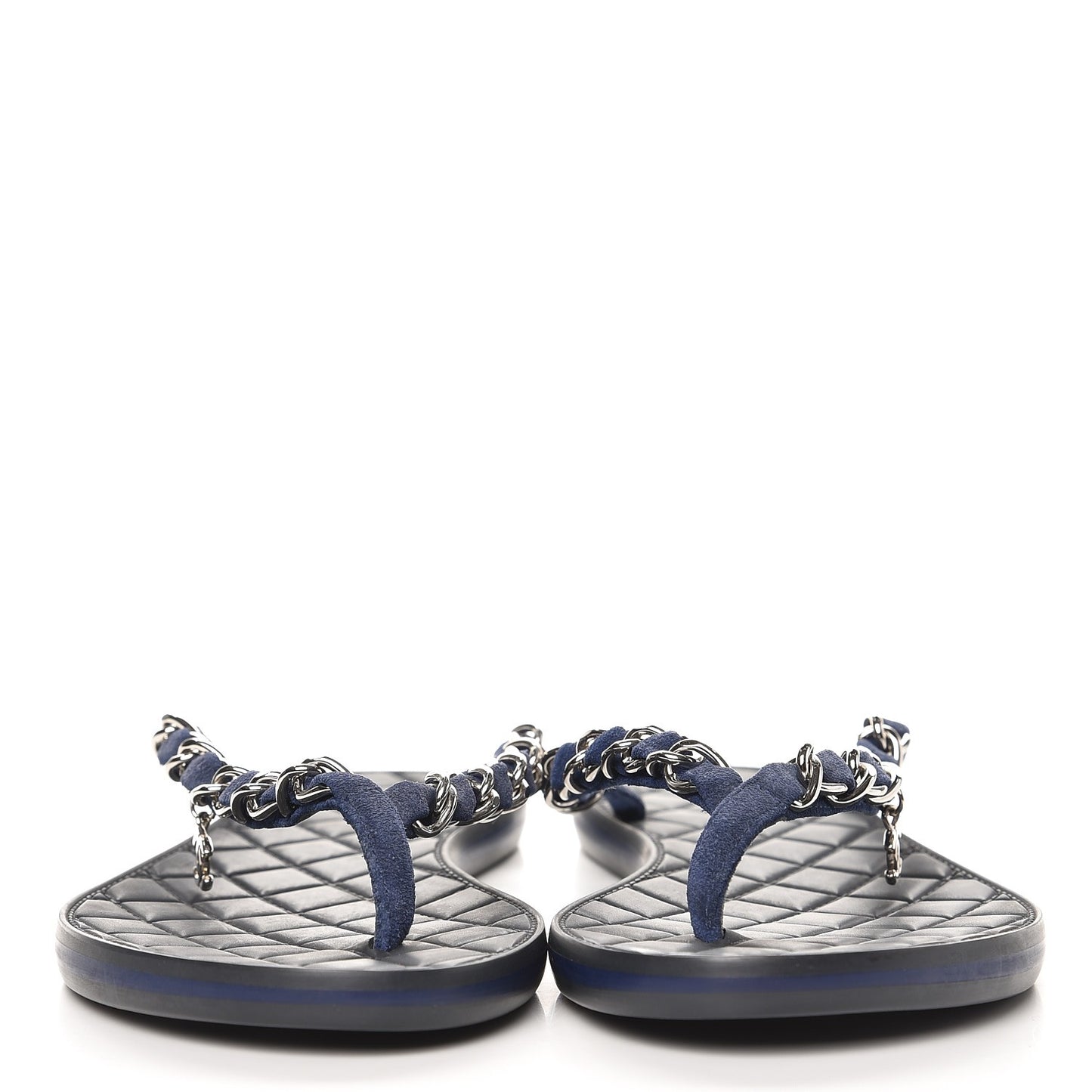Suede Calfskin Quilted Chain Thong Sandals 35 Navy Blue