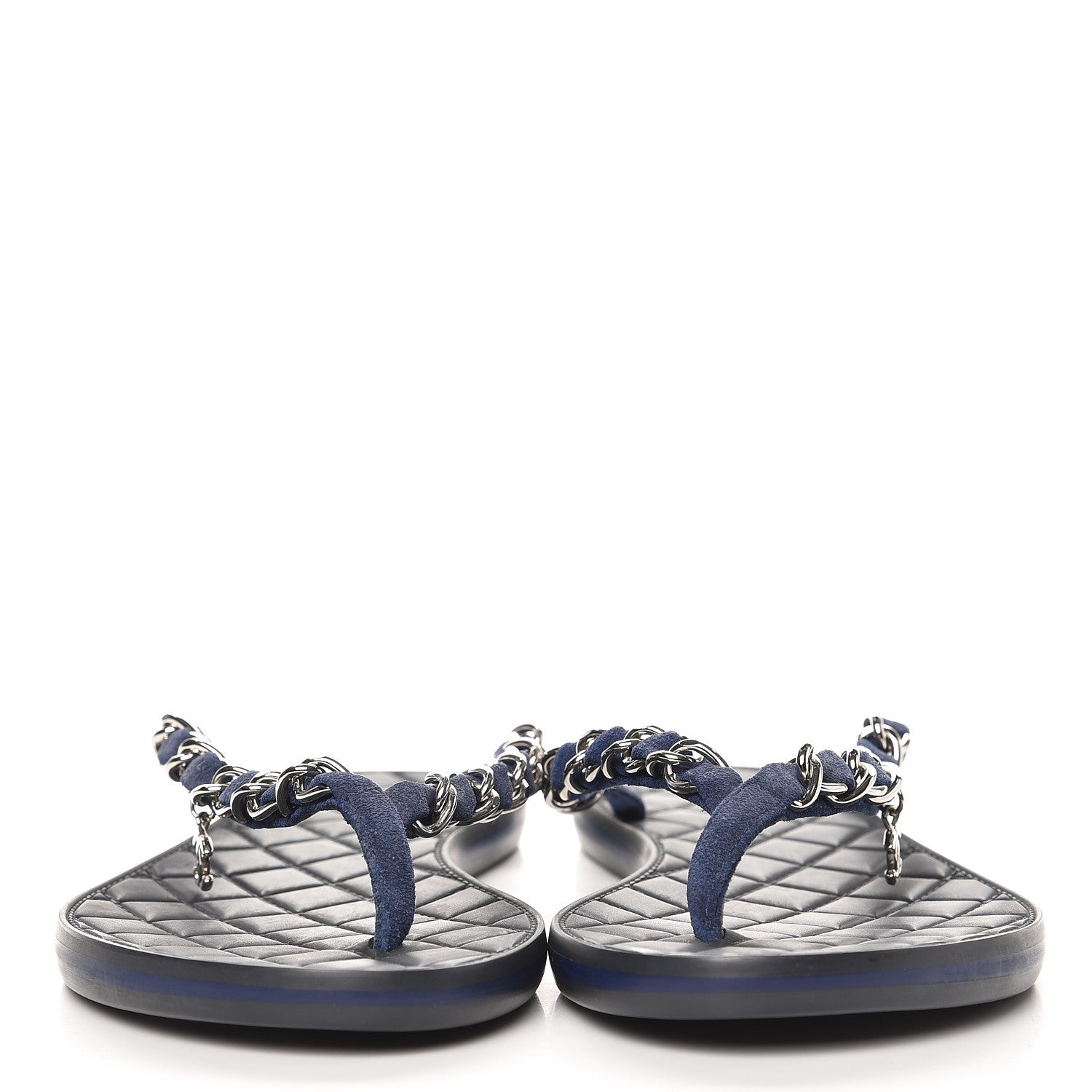 Chanel Suede Calfskin Quilted Chain Thong Sandals 35 Navy Blue 3 of 8
