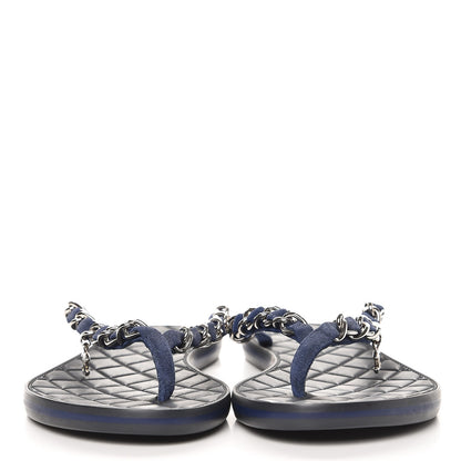 Chanel Suede Calfskin Quilted Chain Thong Sandals 35 Navy Blue 3 of 8