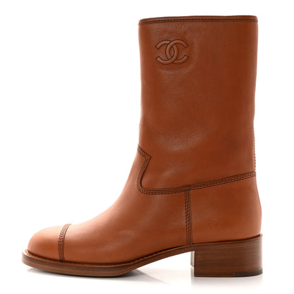 Chanel Calfskin CC Logo Mid Calf Boots 39 Caramel 1 of 15