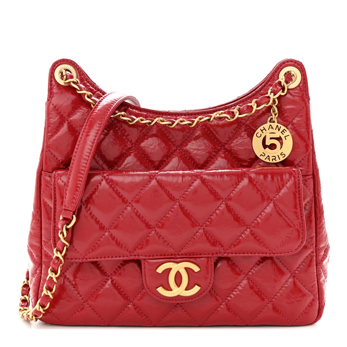 Shiny Crumpled Calfskin Quilted Wavy CC Hobo Red