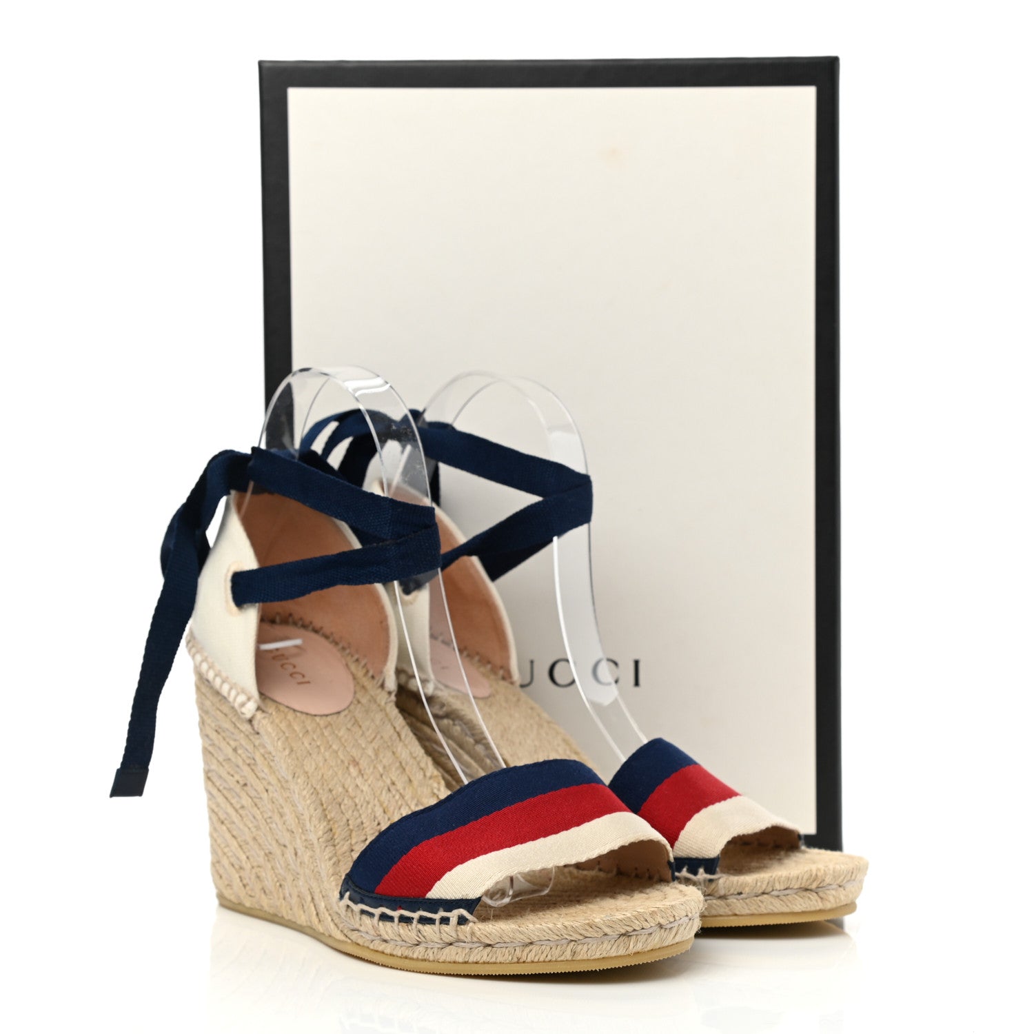 Gucci Canvas Sylvie Web Ankle Wrap Espadrille Wedge Sandals 39 Mystic White Hibiscus Red Maritime 11 of 11
