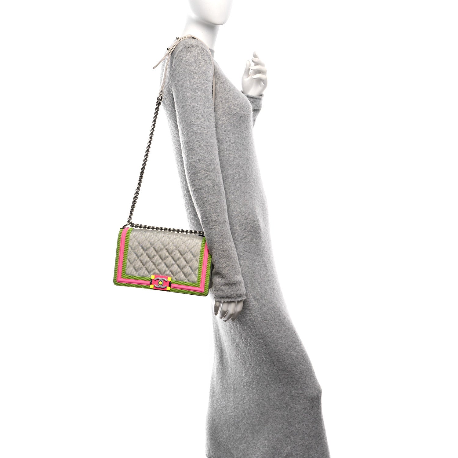 Chanel Canvas Quilted Medium Fluo Boy Flap Dark Grey Fuchsia Green 2 of 11