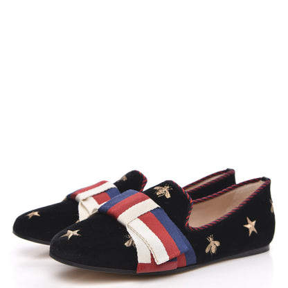 Gucci Velvet Bee Star Embroidered Sylvie Bow Loafers 36 Black 3 of 9