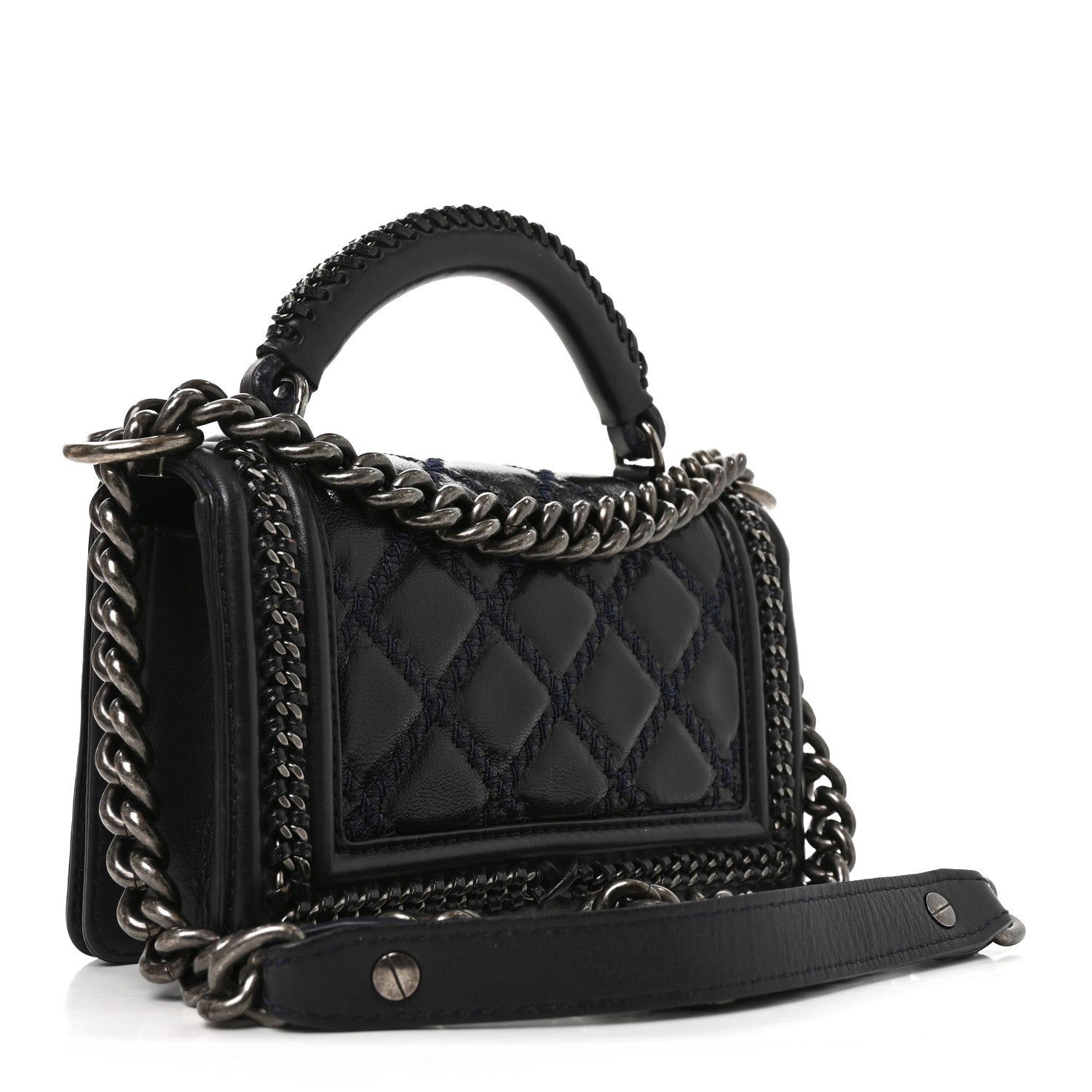 Chanel Shiny Goatskin Quilted Small Boy Top Handle Flap Navy Blue 3 of 10