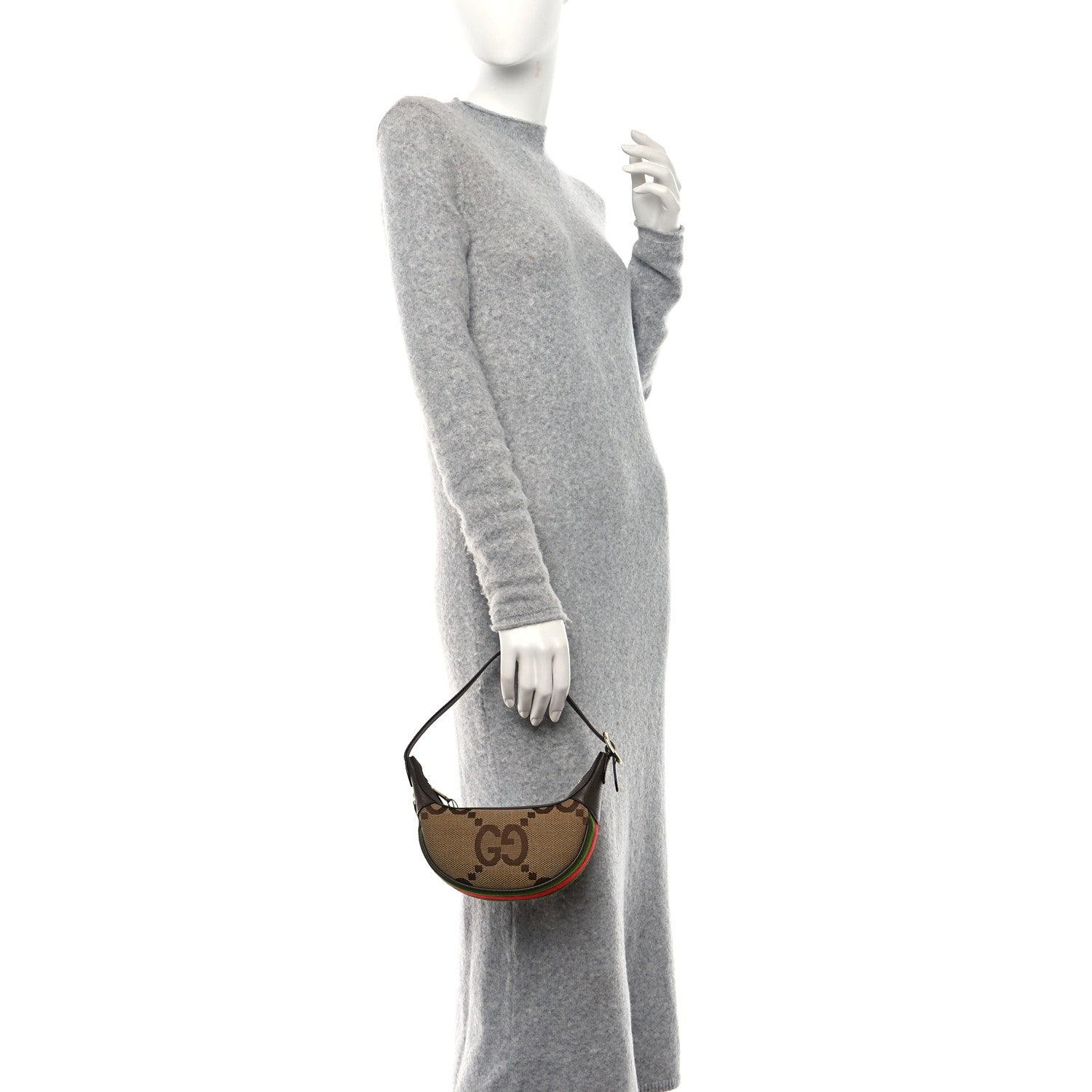 Gucci Monogram Jumbo GG Textured Dollar Calfskin Web Mini Ophidia Half Moon Hobo Camel Ebony New Acero 2 of 10