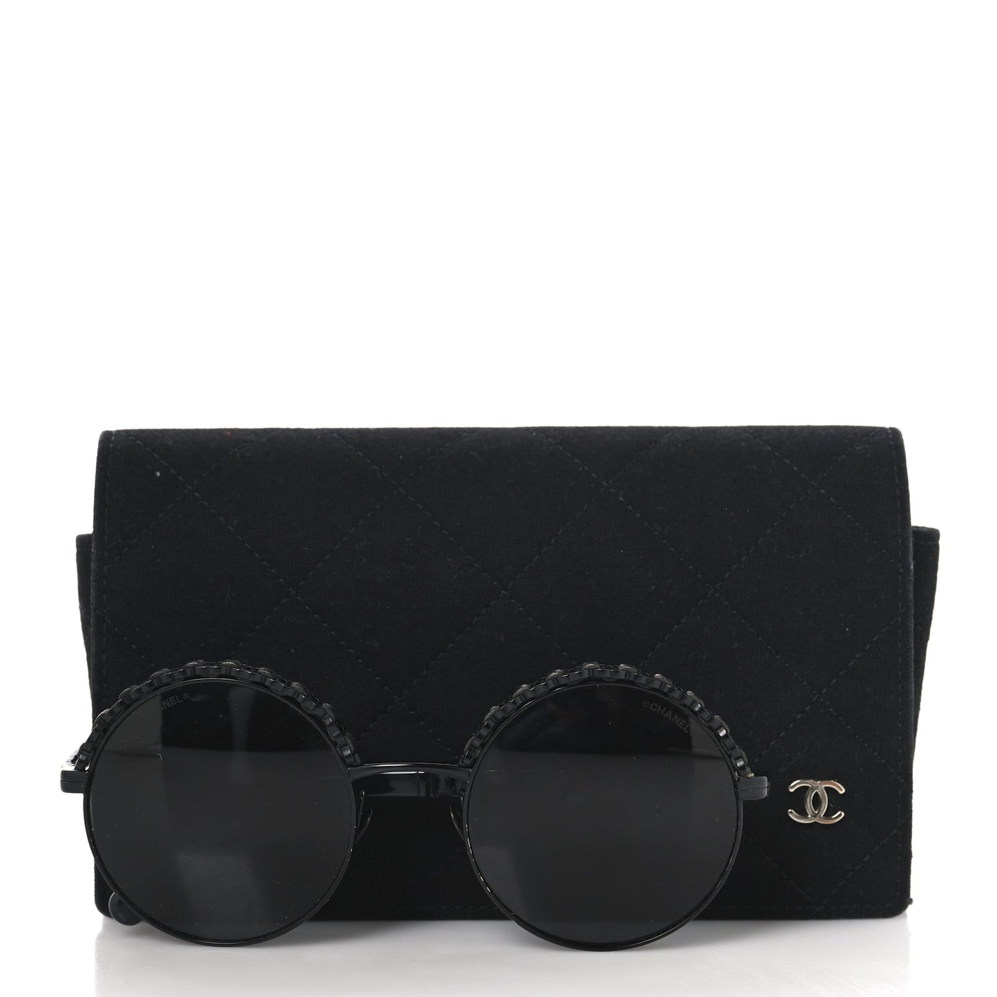 Metal Calfskin Round Chain Sunglasses 4265-Q Black
