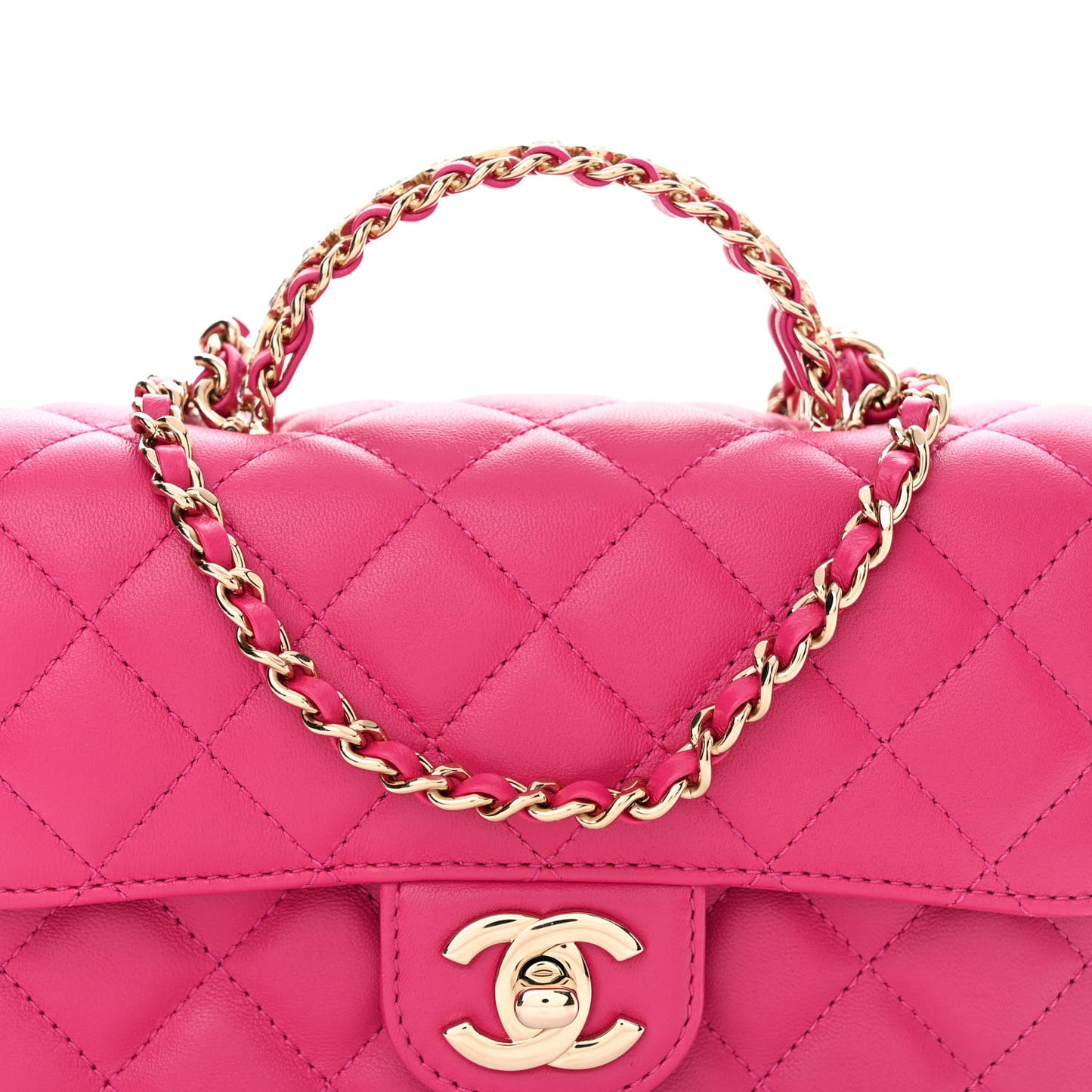 Lambskin Quilted Mini Crystal Top Handle Rectangular Flap Dark Pink