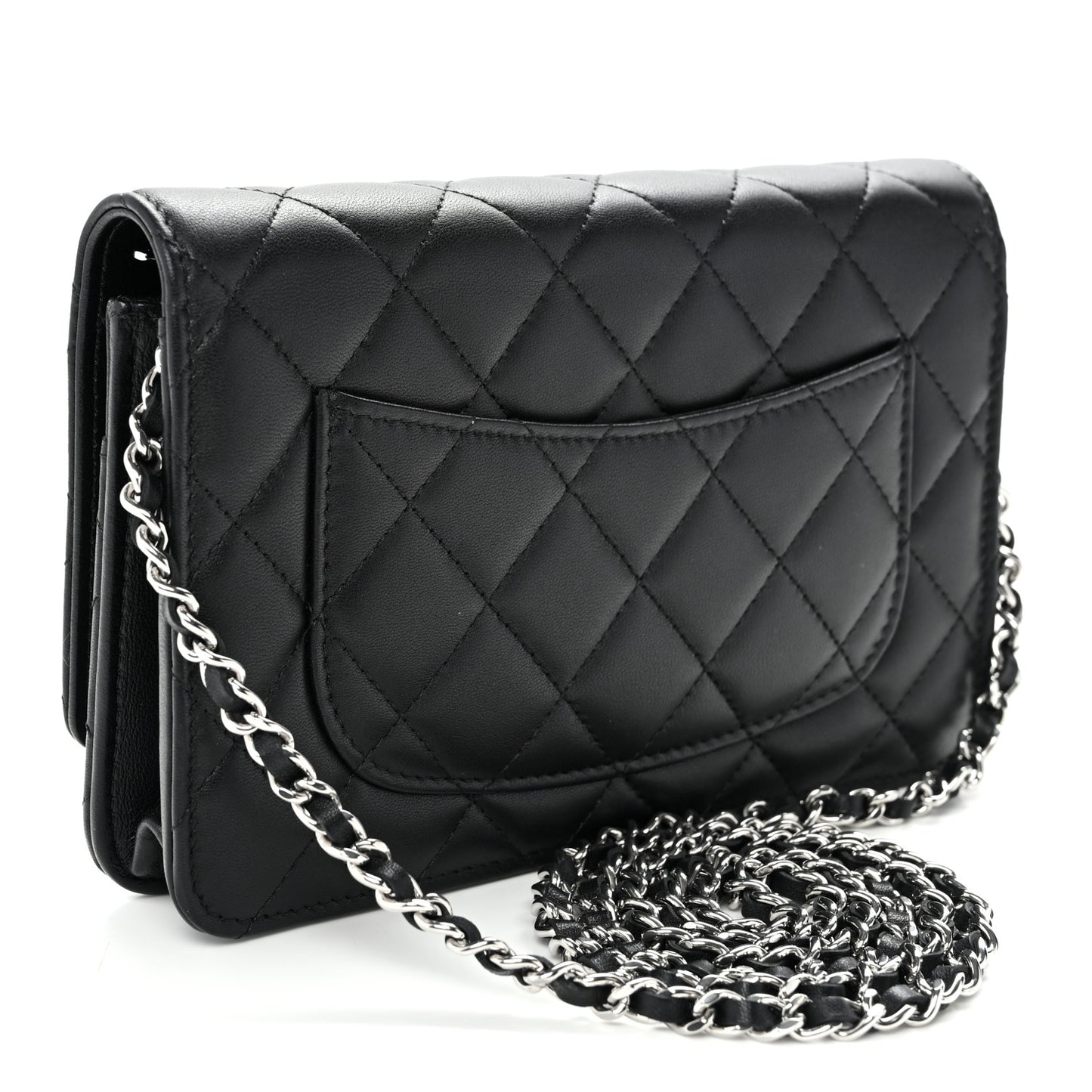 Lambskin Quilted Enamel CC Wallet on Chain WOC Black