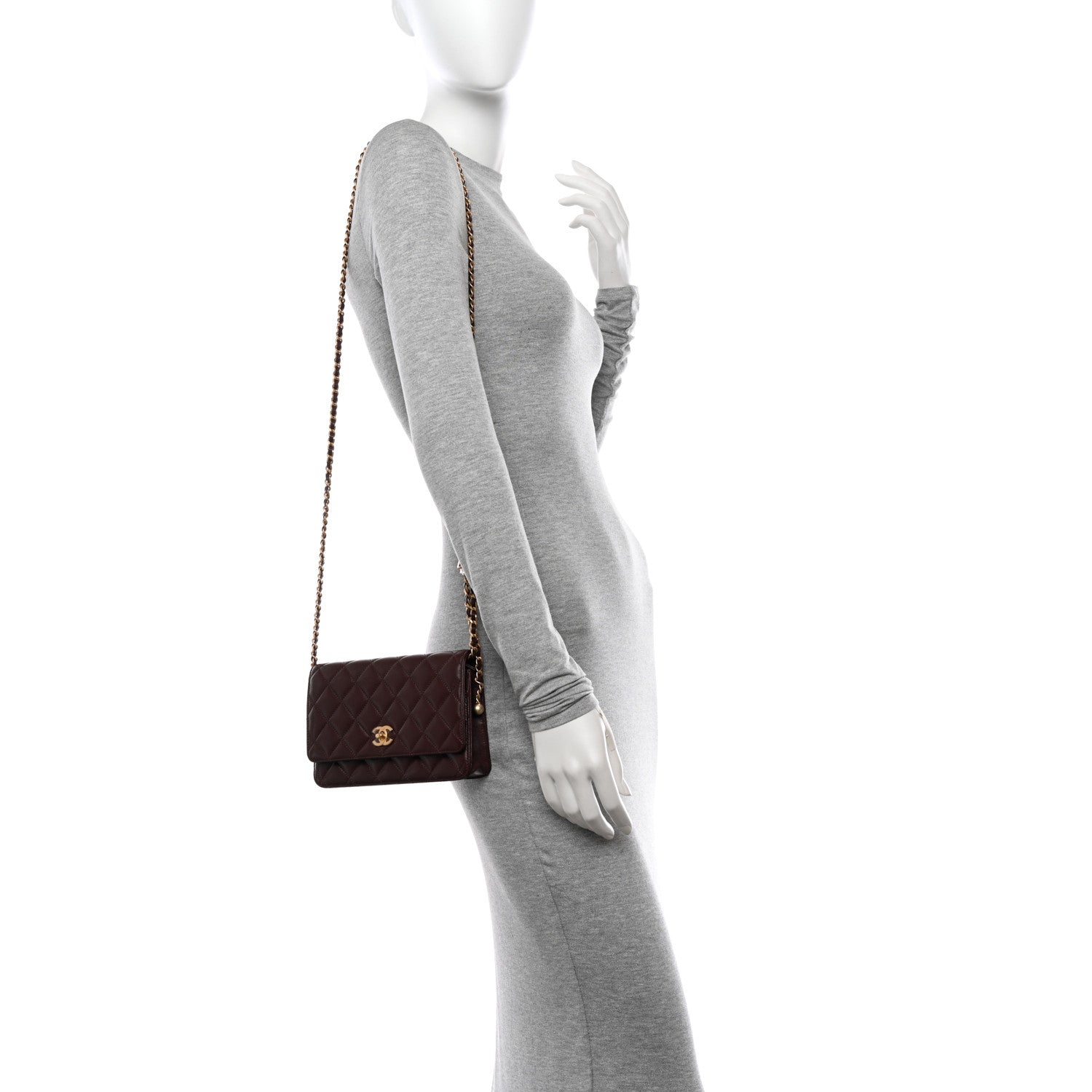 Chanel Lambskin Quilted CC Pearl Crush Wallet on Chain WOC Dark Brown 2 of 11