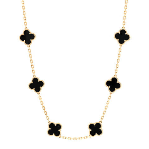 18K Yellow Gold Black Onyx 10 Motifs Vintage Alhambra Necklace