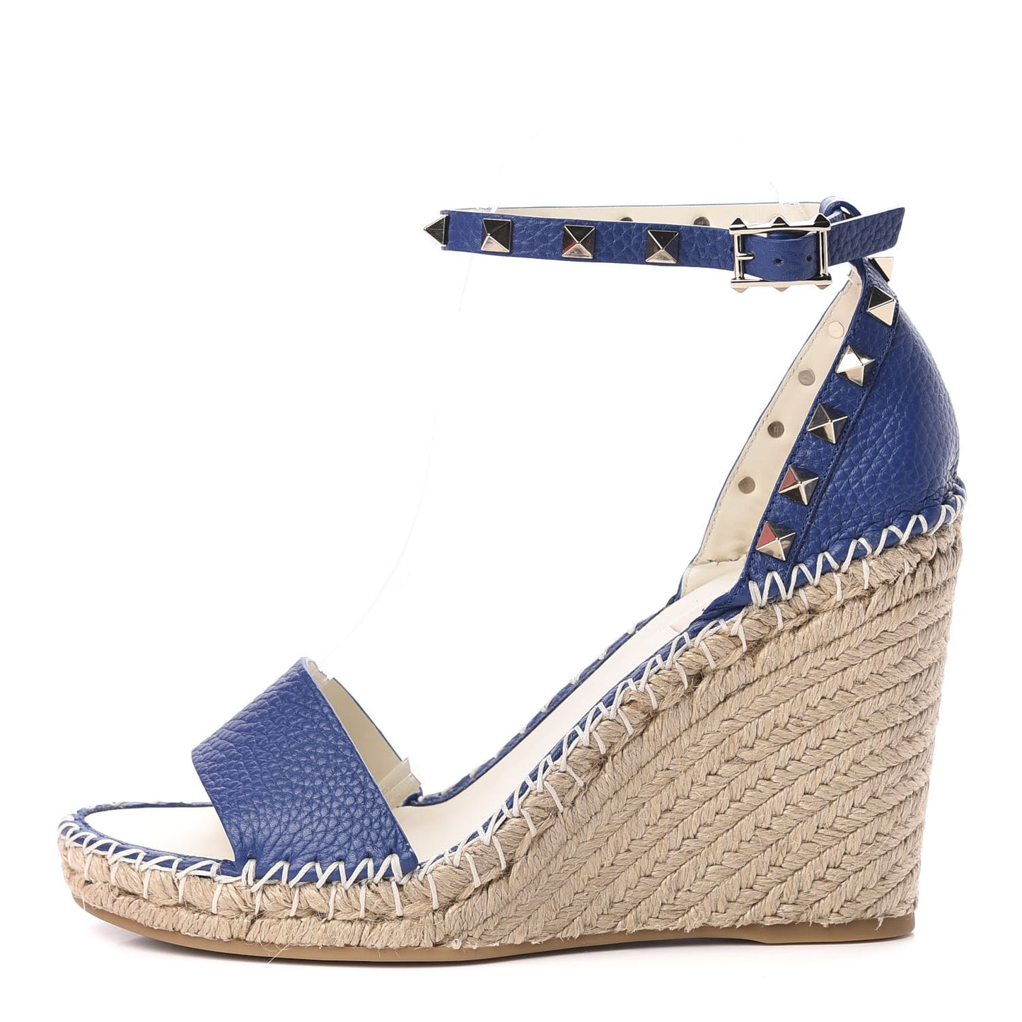 Grained Calfskin Rockstud Ankle Strap Espadrille 15/105mm Wedge Sandals 38 Blu Delft Natural