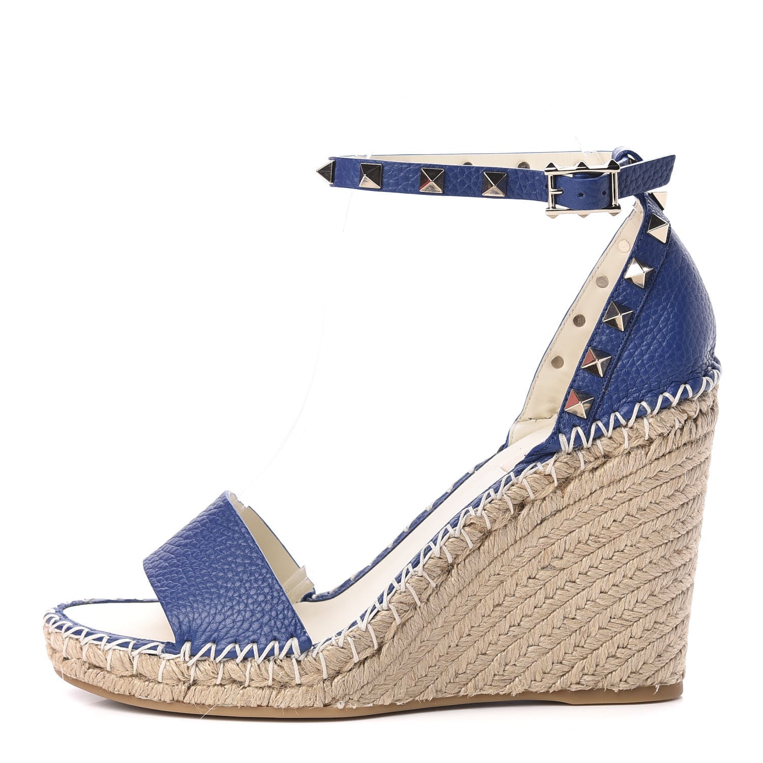 Valentino Garavani Grained Calfskin Rockstud Ankle Strap Espadrille 15/105mm Wedge Sandals 38 Blu Delft Natural 1 of 8