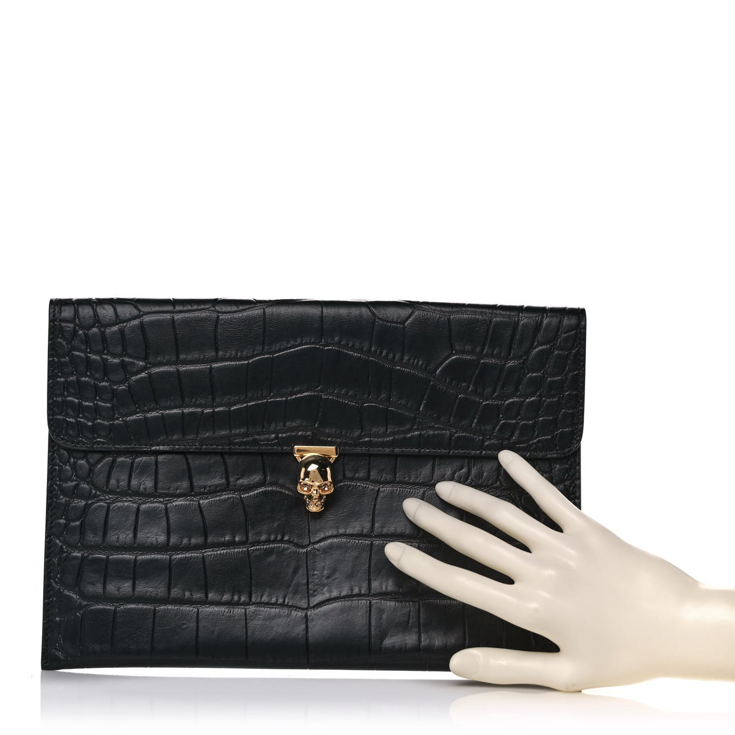 Calfskin Crocodile Embossed Skull Envelope Clutch Black