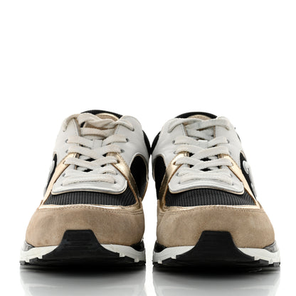Chanel Mesh Suede Calfskin Womens CC Sneakers 38 White Black Beige Gold 2 of 9