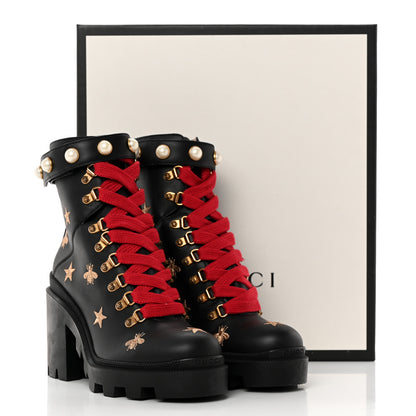 Gucci Calfskin Embroidered Lace Up Combat Ankle Boots 37.5 Black 14 of 14