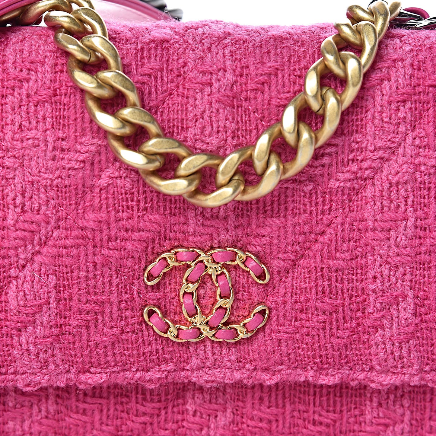 Wool Tweed Lambskin Quilted 19 Wallet On Chain WOC and Coin Purse Fuchsia