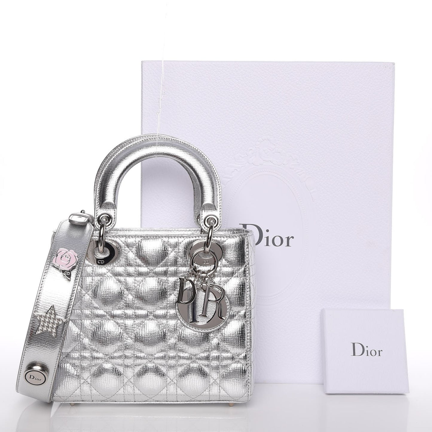 Metallic Grained Calfskin Cannage Small Lucky Badges My Lady Dior Silver