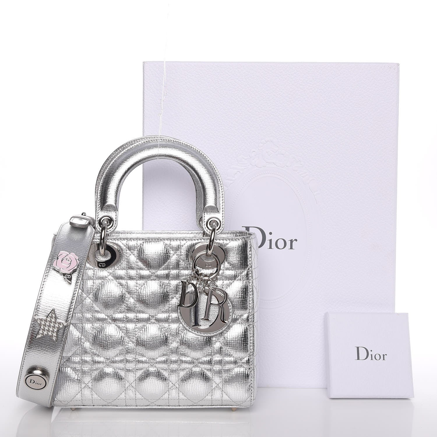 Christian Dior Metallic Grained Calfskin Cannage Small Lucky Badges My Lady Dior Silver 8 of 8