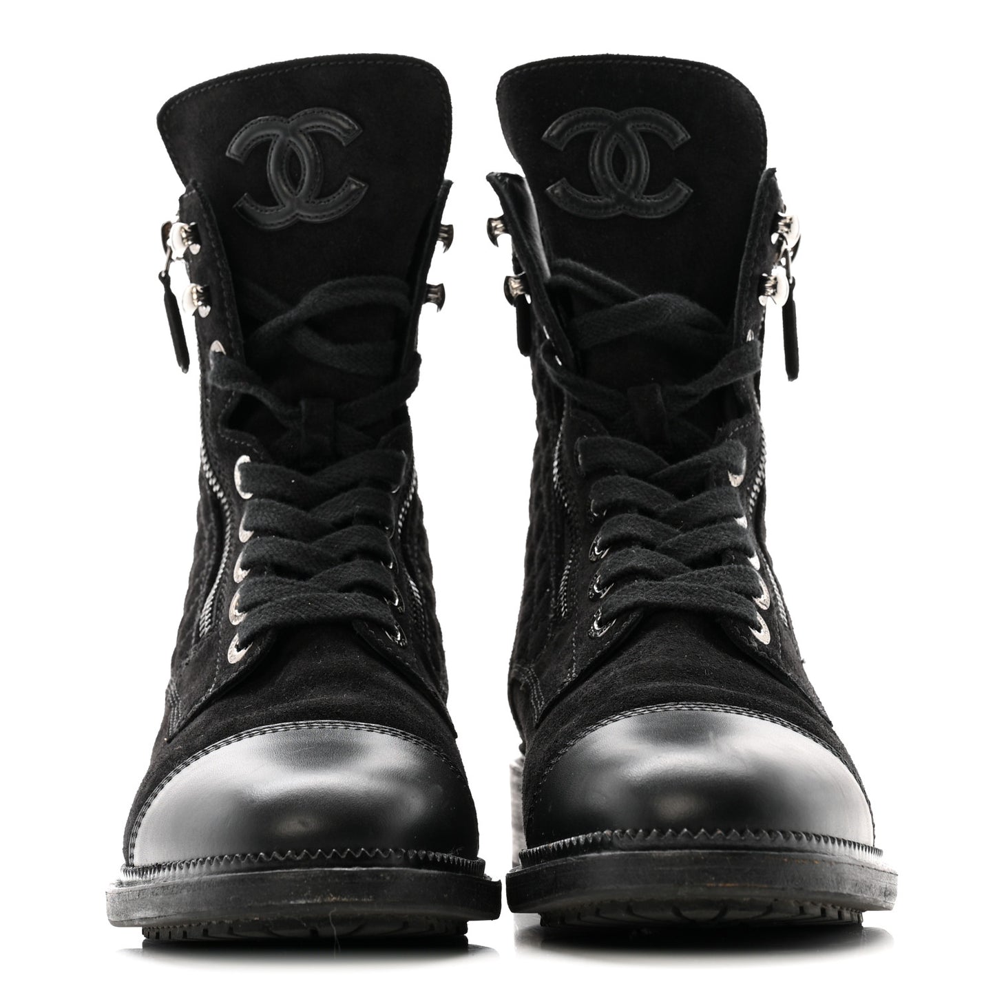 Suede Calfskin Quilted Lace Up Boots 38 Black