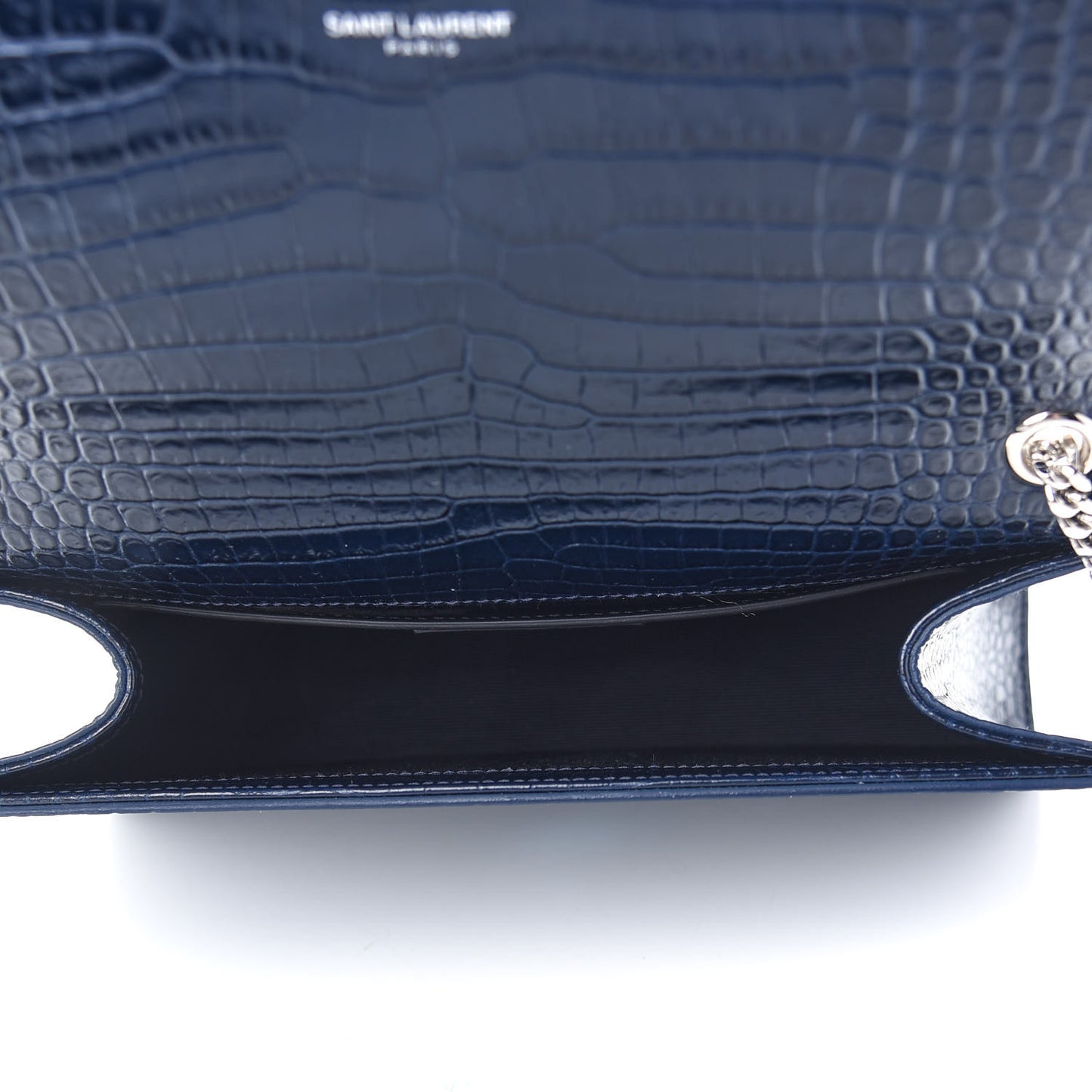 Calfskin Crocodile Embossed Medium Classic Monogram Kate Tassel Satchel Deep Marine