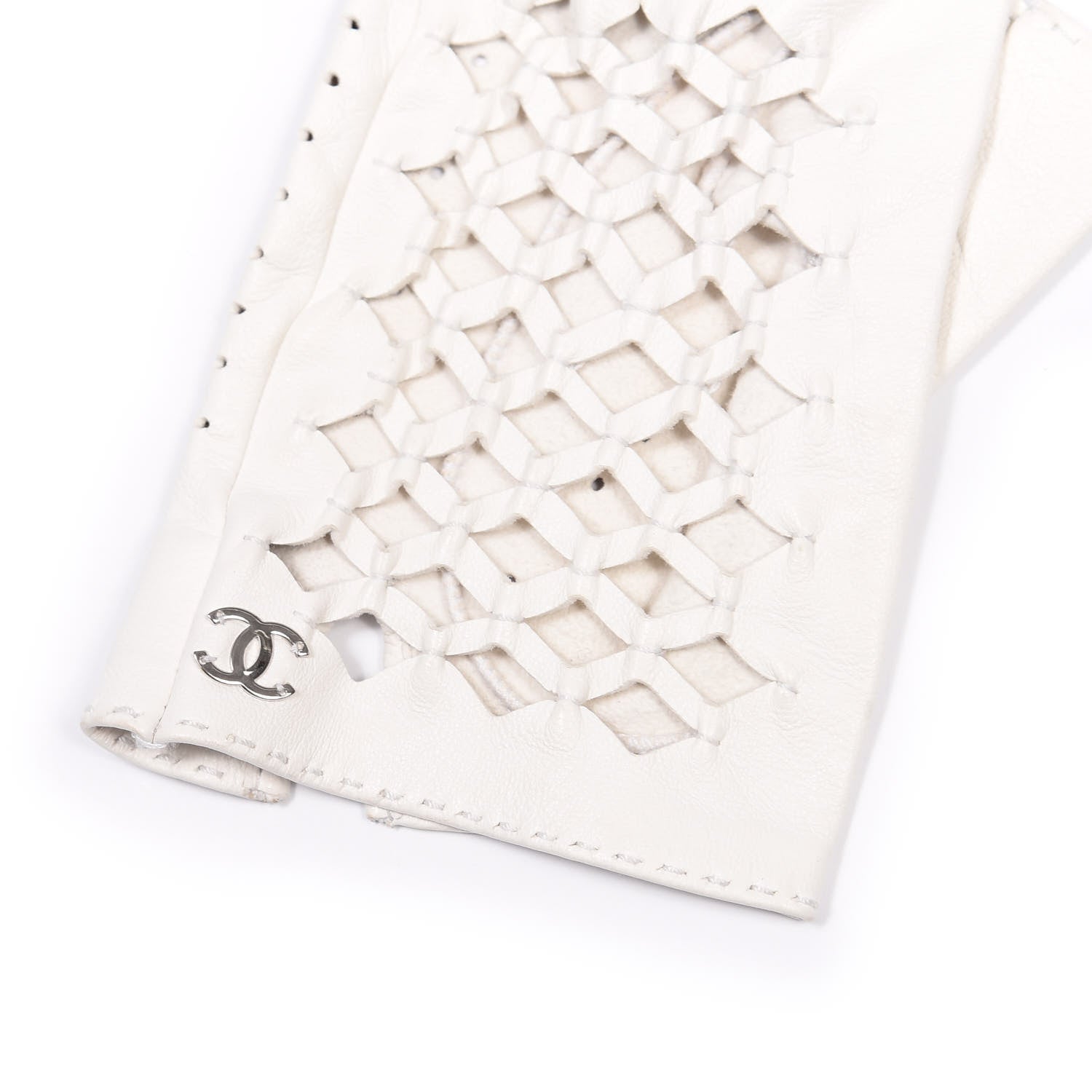 Chanel Lambskin Perforated Fingerless Gloves 7.5 White 4 of 6