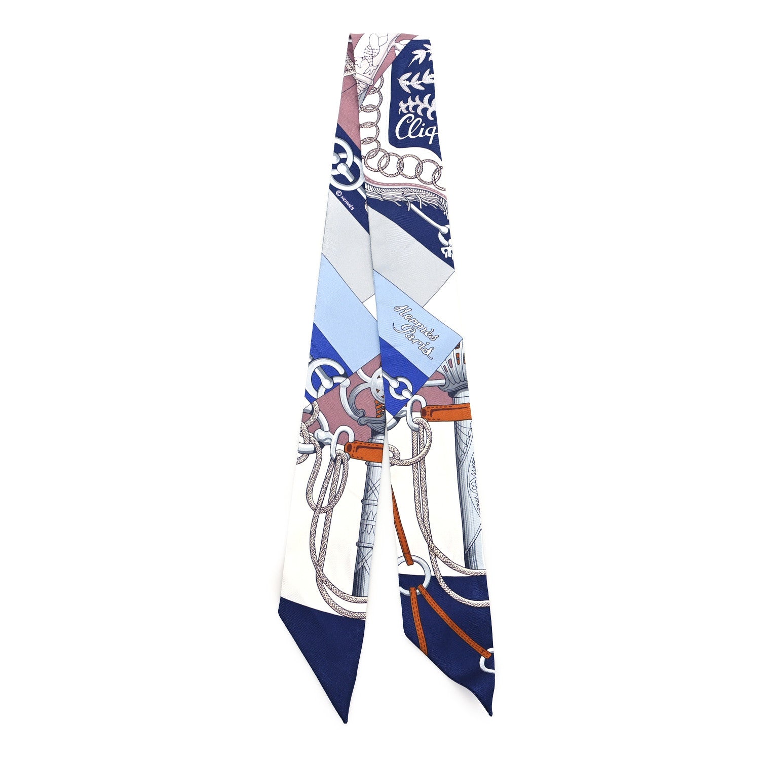 Hermes Silk Cliquetis Twilly Marine White Marron 2 of 3