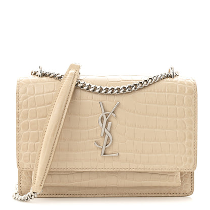 Saint Laurent Calfskin Crocodile Embossed Monogram Sunset Chain Wallet Dark Beige 1 of 9