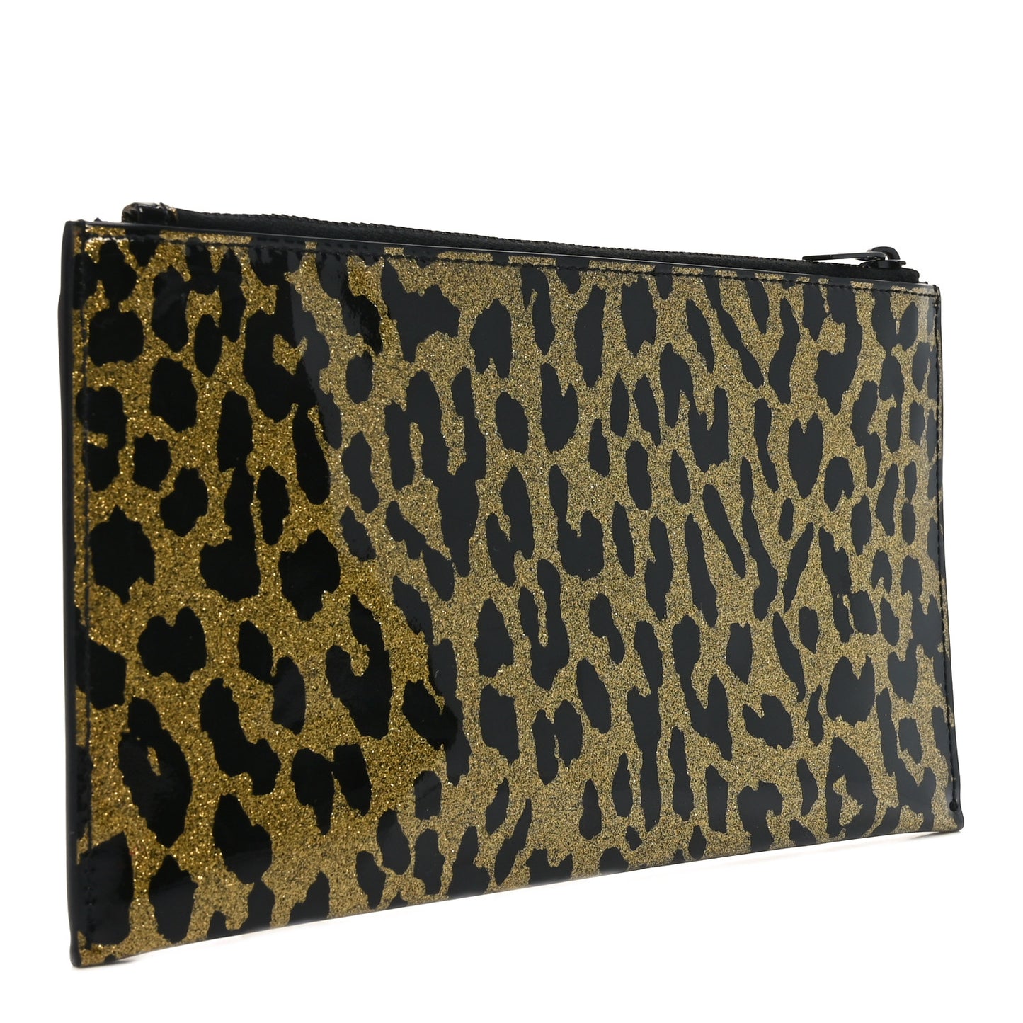 Patent Glitter Leopard Monogram Zip Pouch Gold Black