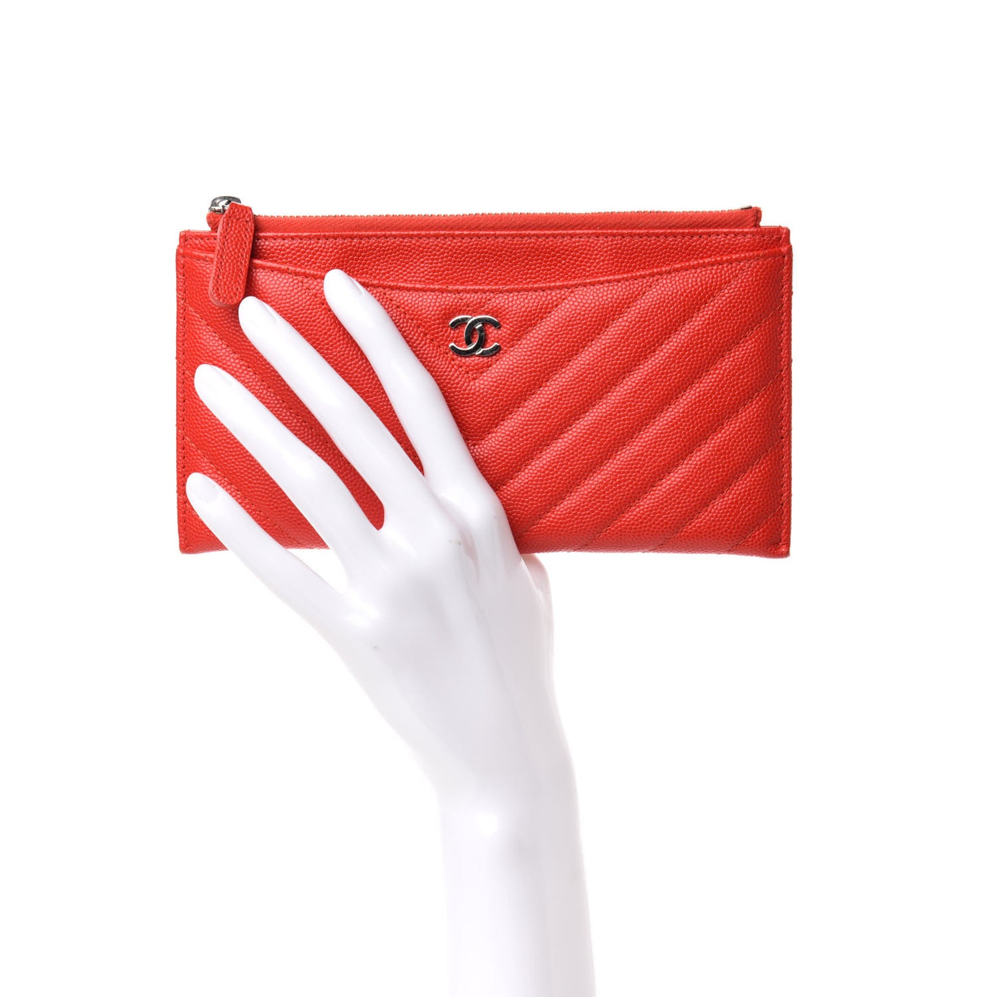 Caviar Chevron Quilted Zip Pouch Red