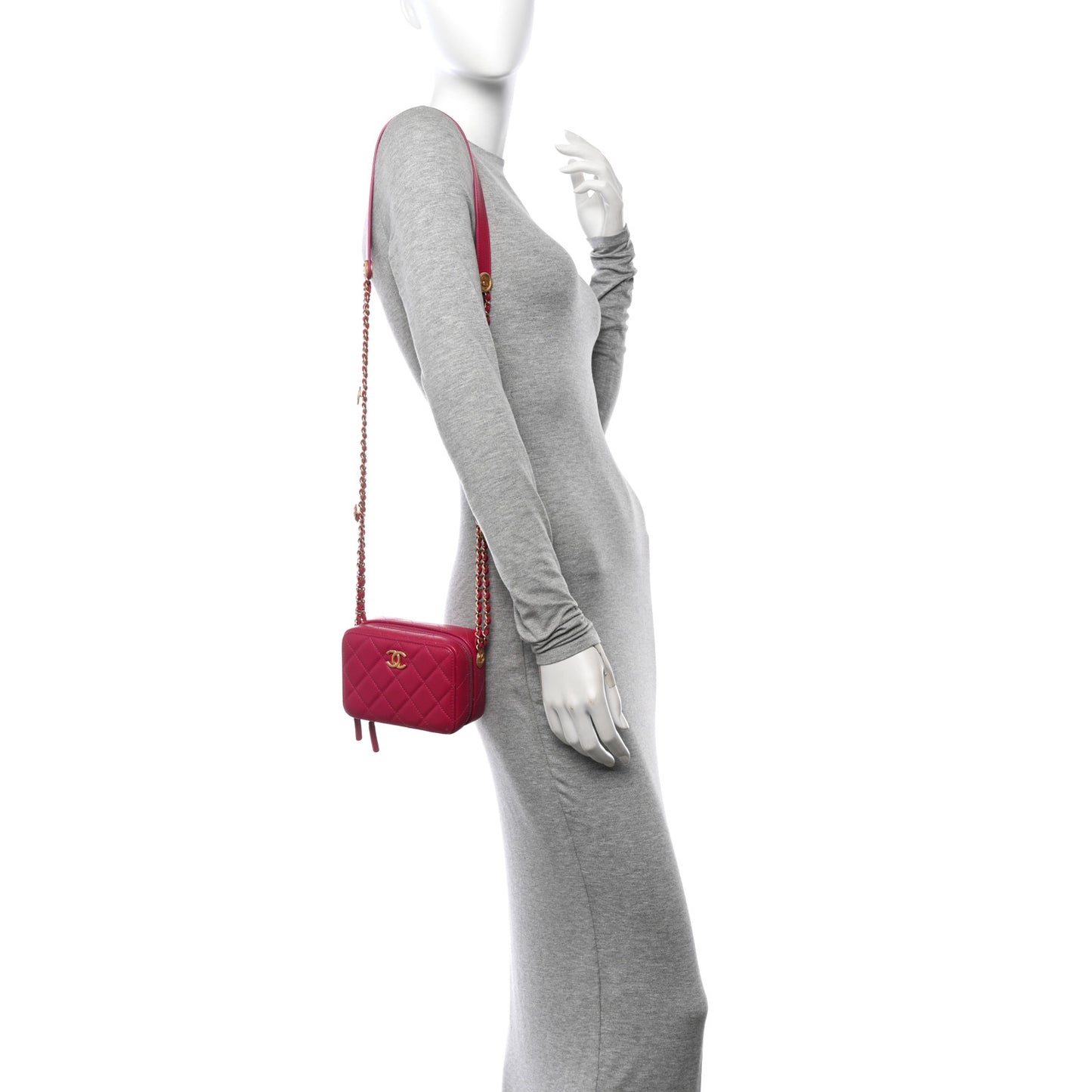 Caviar Quilted Twist Your Buttons Clutch With Chain Fuchsia