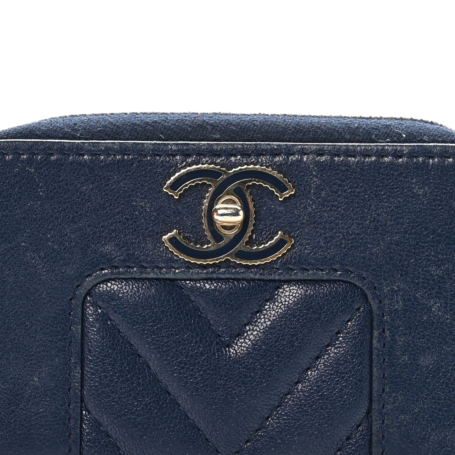 Sheepskin Chevron Quilted Vintage Mademoiselle Zip Coin Purse Dark Blue