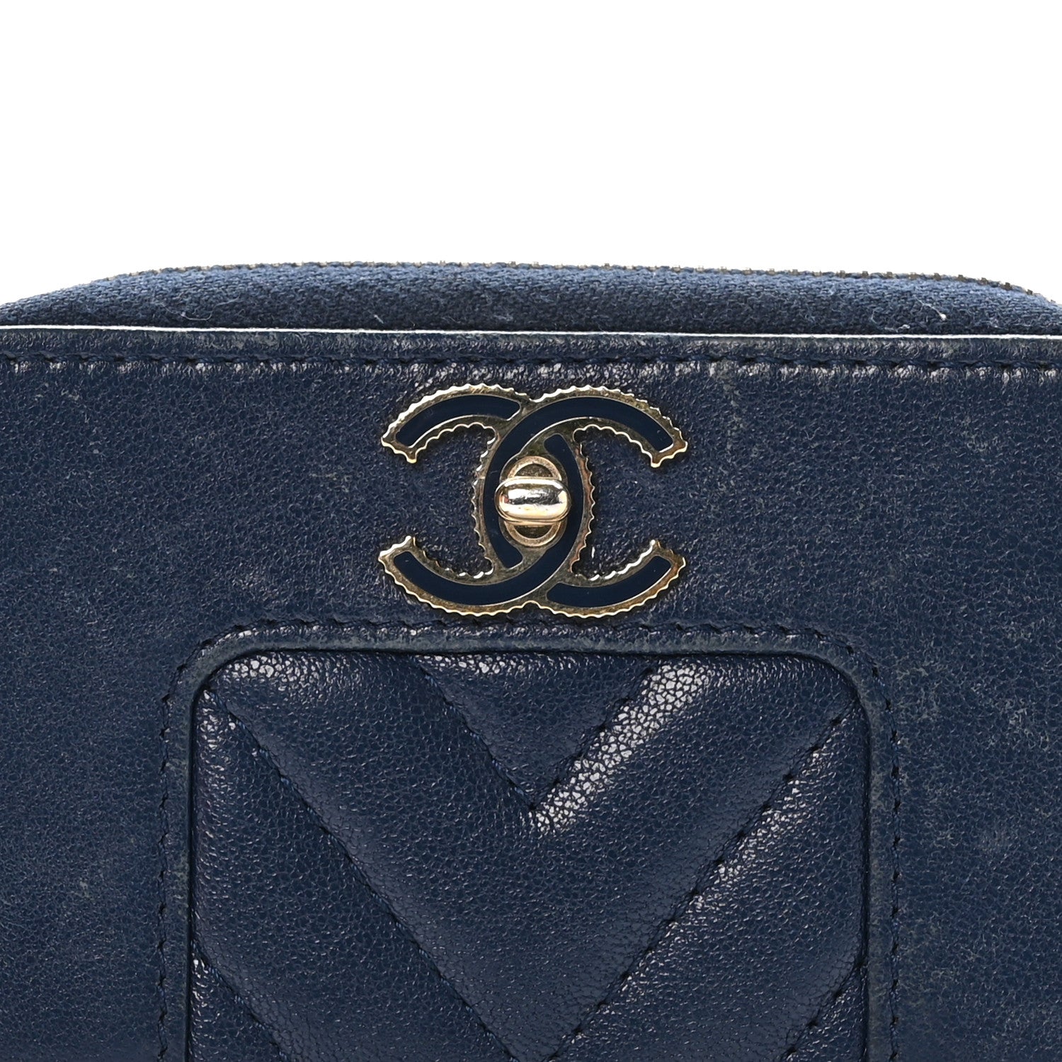 Chanel Sheepskin Chevron Quilted Vintage Mademoiselle Zip Coin Purse Dark Blue 5 of 8