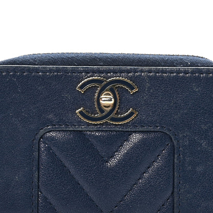 Chanel Sheepskin Chevron Quilted Vintage Mademoiselle Zip Coin Purse Dark Blue 5 of 8