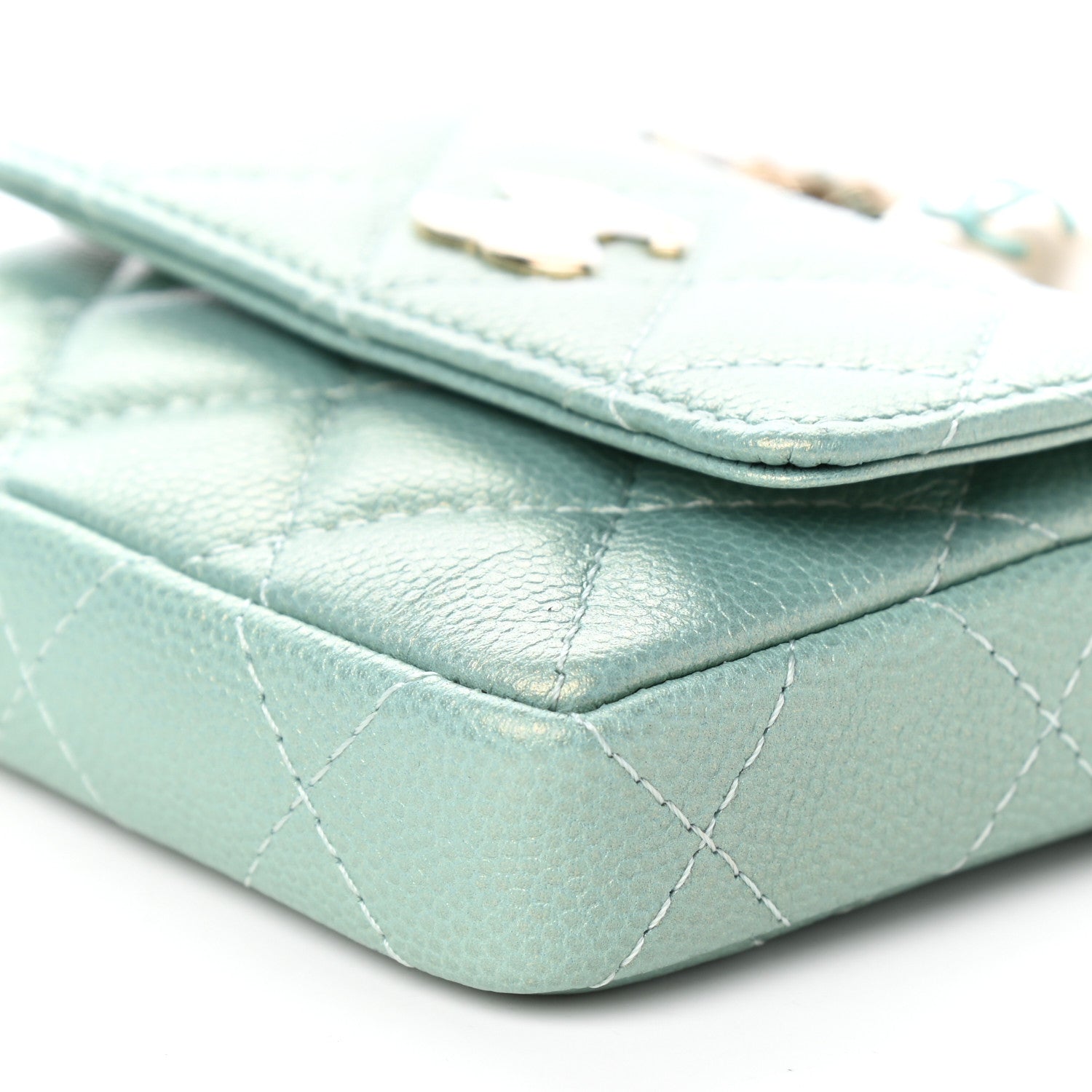 Chanel Iridescent Caviar Quilted Pearl On Top Coin Purse With Chain Light Green 10 of 11