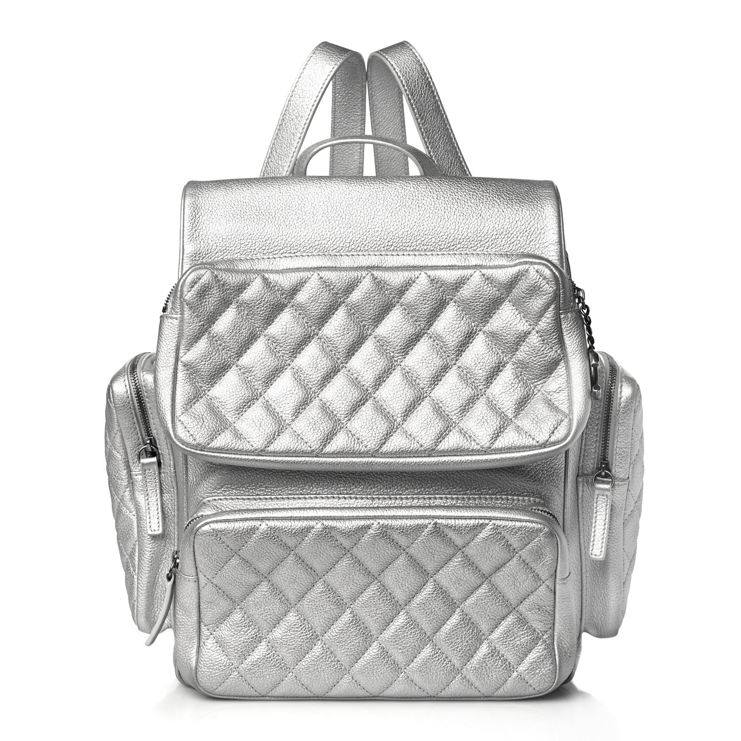 Metallic Grained Calfskin Quilted Large Casual Rock Backpack Silver