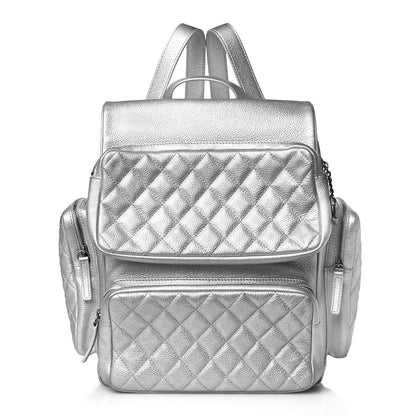 Chanel Metallic Grained Calfskin Quilted Large Casual Rock Backpack Silver 1 of 8