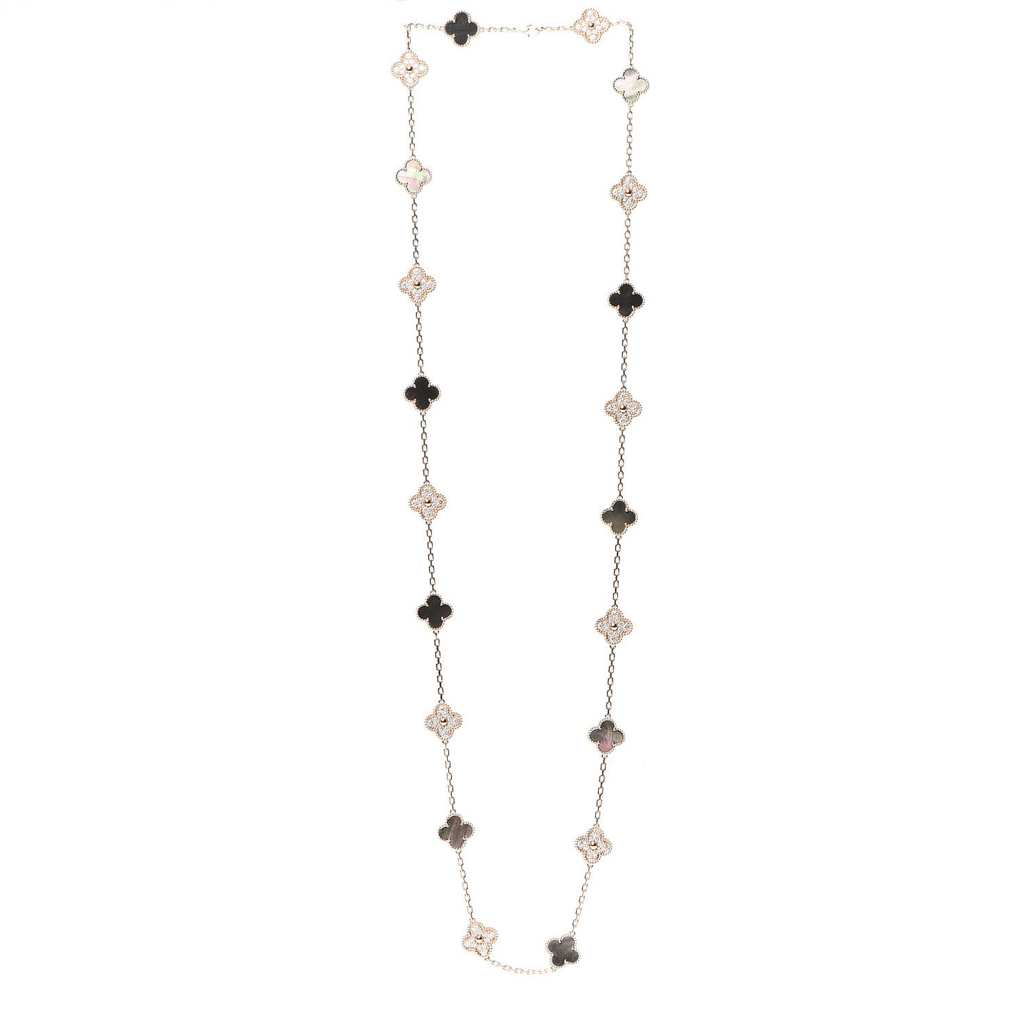 18K Rose Gold Diamond Gray Mother of Pearl 20 Motifs Vintage Alhambra Necklace