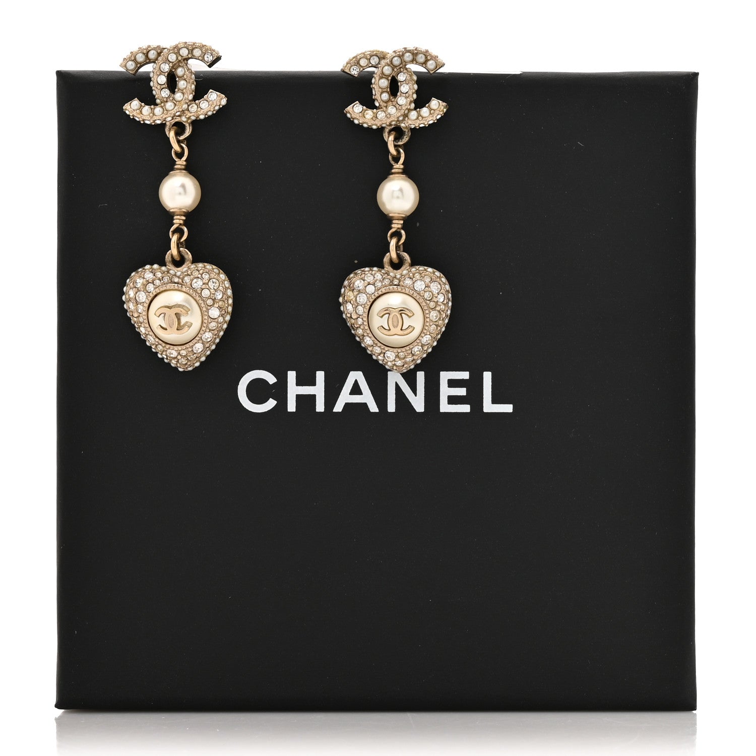 Chanel Pearl Crystal CC Heart Drop Earrings Gold White 5 of 5