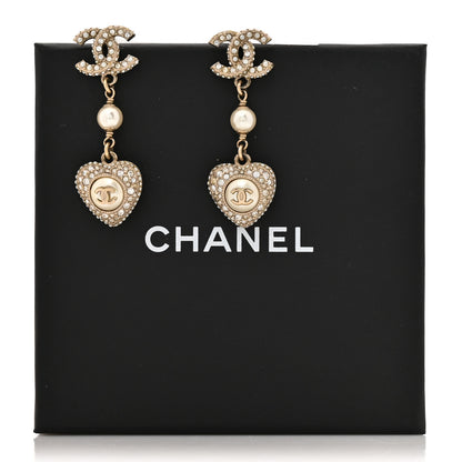 Chanel Pearl Crystal CC Heart Drop Earrings Gold White 5 of 5