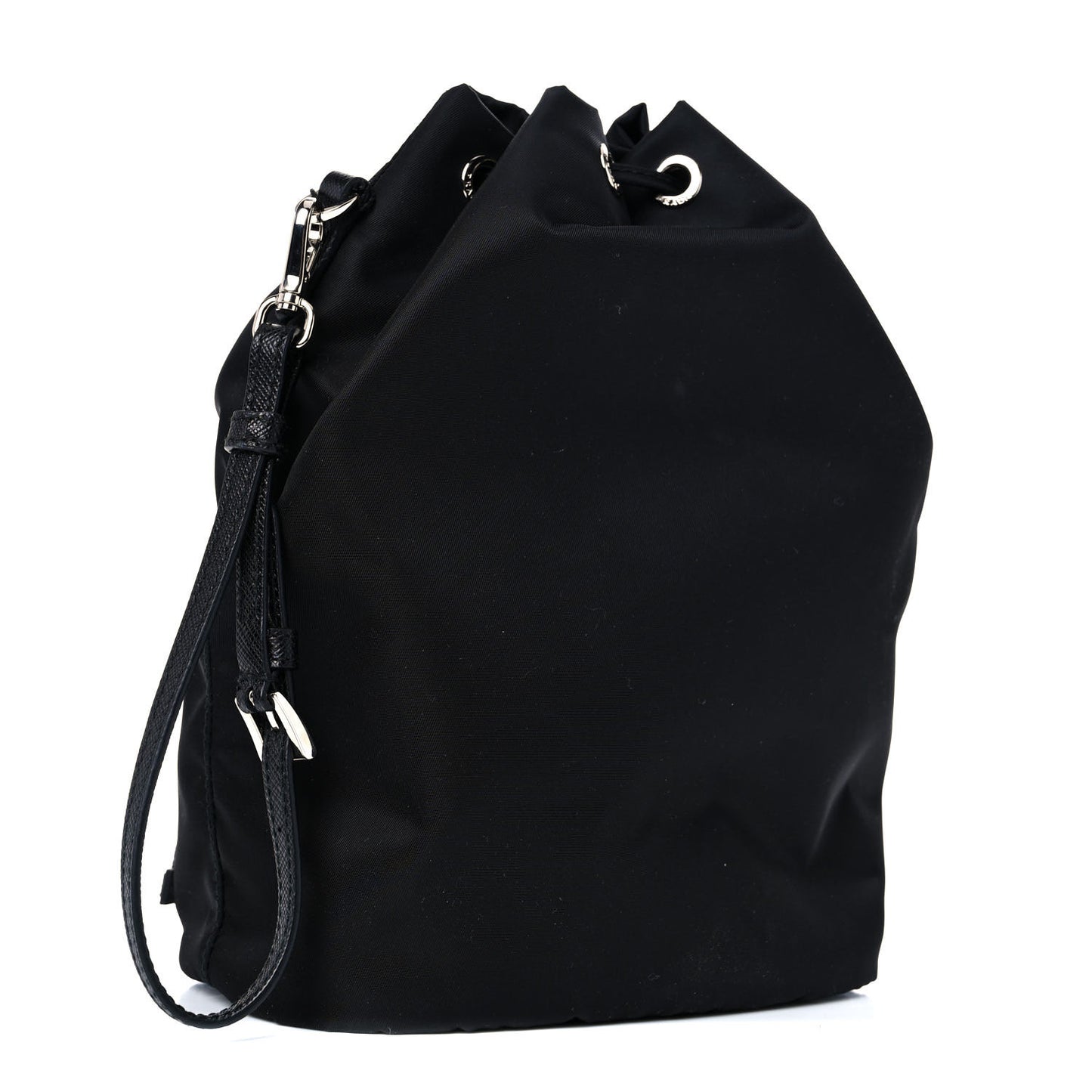 Saffiano Tessuto Nylon Vela Lettering Bucket Wristlet Black