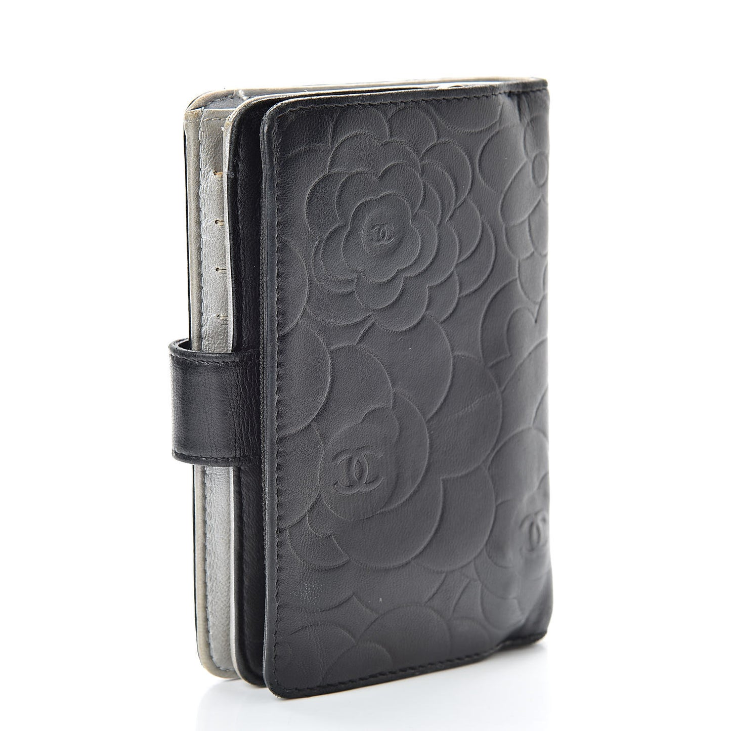 Lambskin Camellia Embossed Zipped Pocket Wallet Black