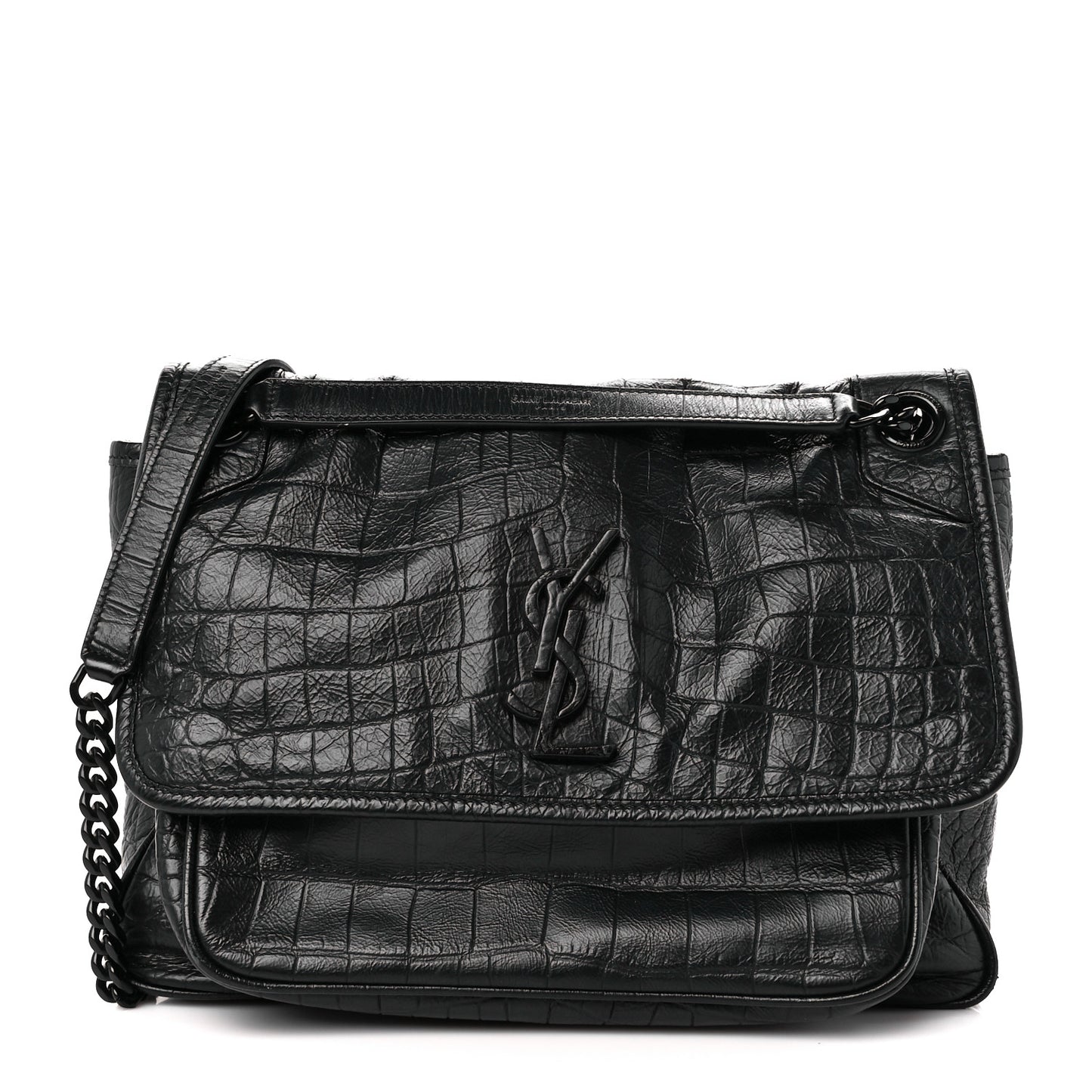 Crocodile Embossed Lambskin Monogram Medium Niki Chain Satchel Black