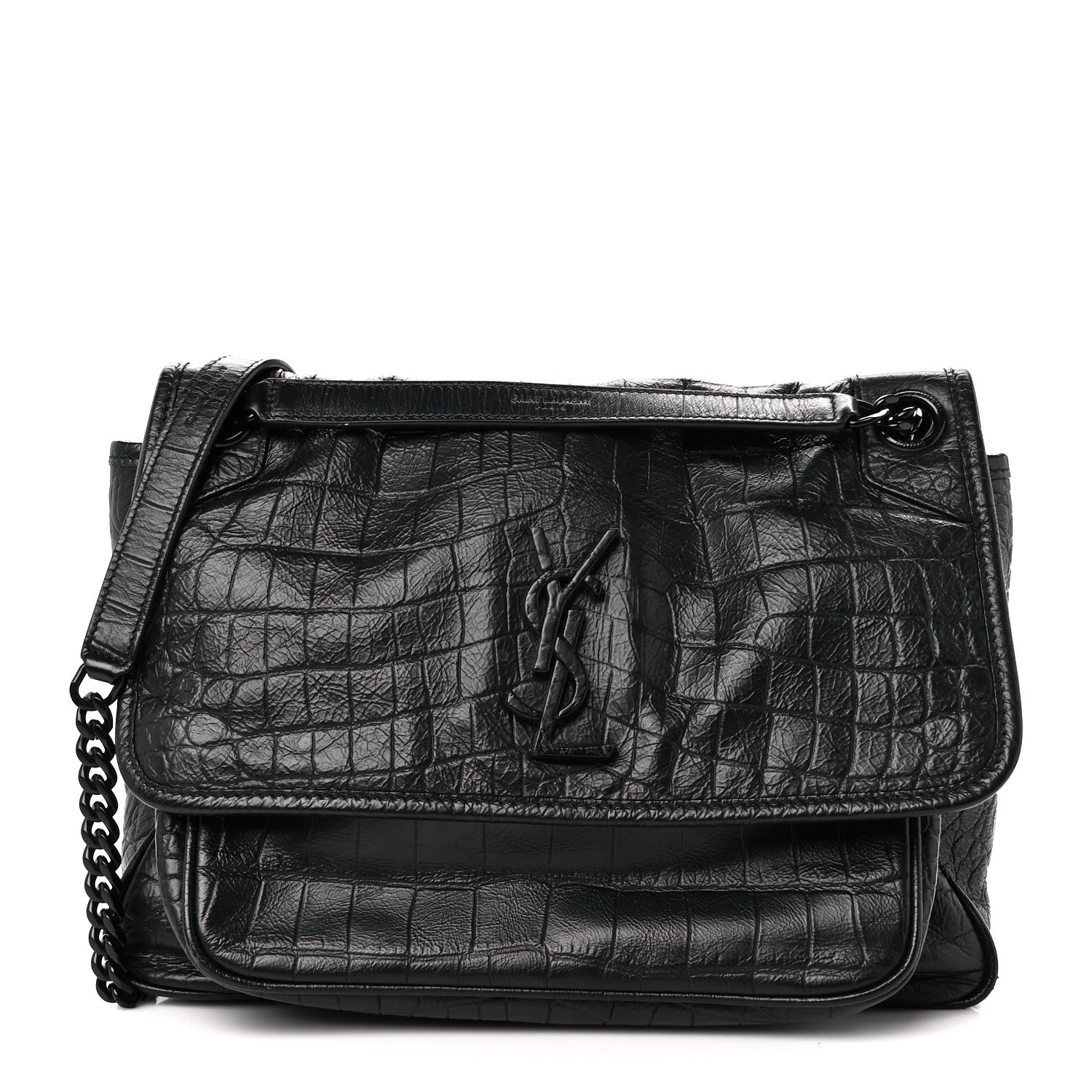 Saint Laurent Crocodile Embossed Lambskin Monogram Medium Niki Chain Satchel Black 1 of 9