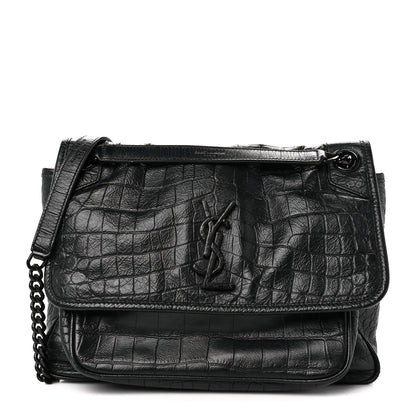 Saint Laurent Crocodile Embossed Lambskin Monogram Medium Niki Chain Satchel Black 1 of 9
