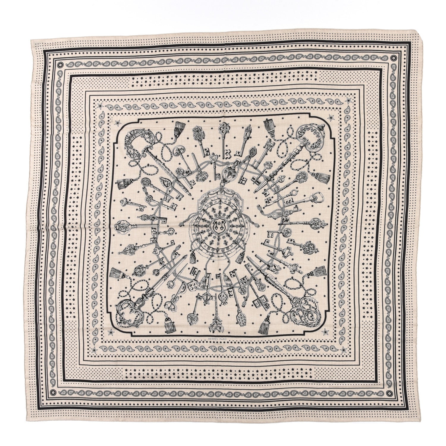 HERMES エルメス カレジェアン140 Les Cles Bandana Hermes Cashmere Silk Les Cles Bandana Shawl 140 Marine Naturel