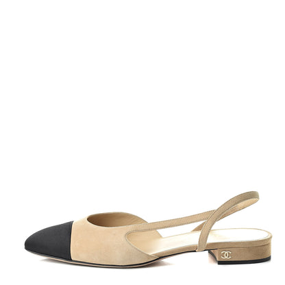 Chanel Kid Suede Satin Cap Toe CC Slingback Pumps 39 Beige Black 1 of 11