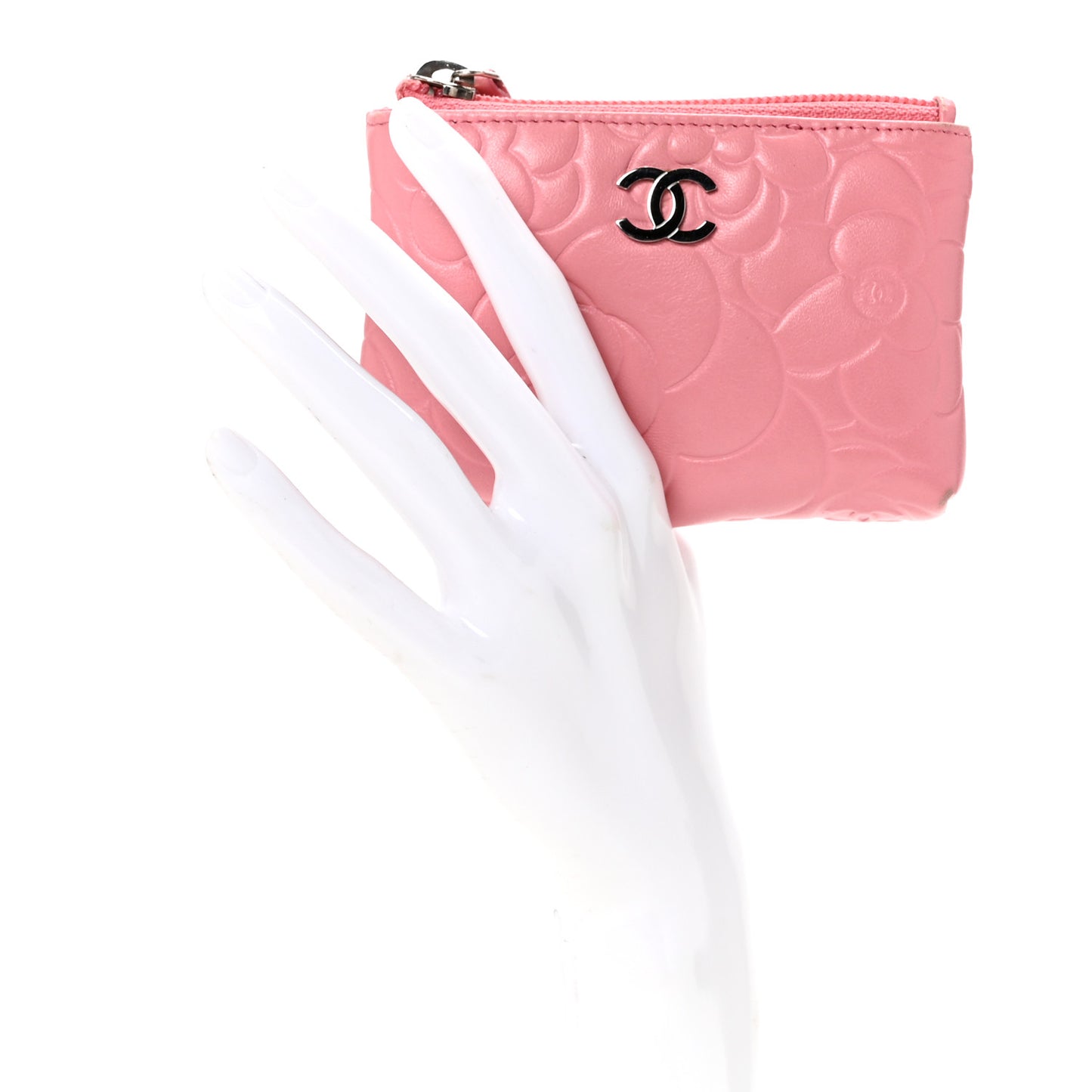 Lambskin Camellia Embossed Key Holder Case Pink