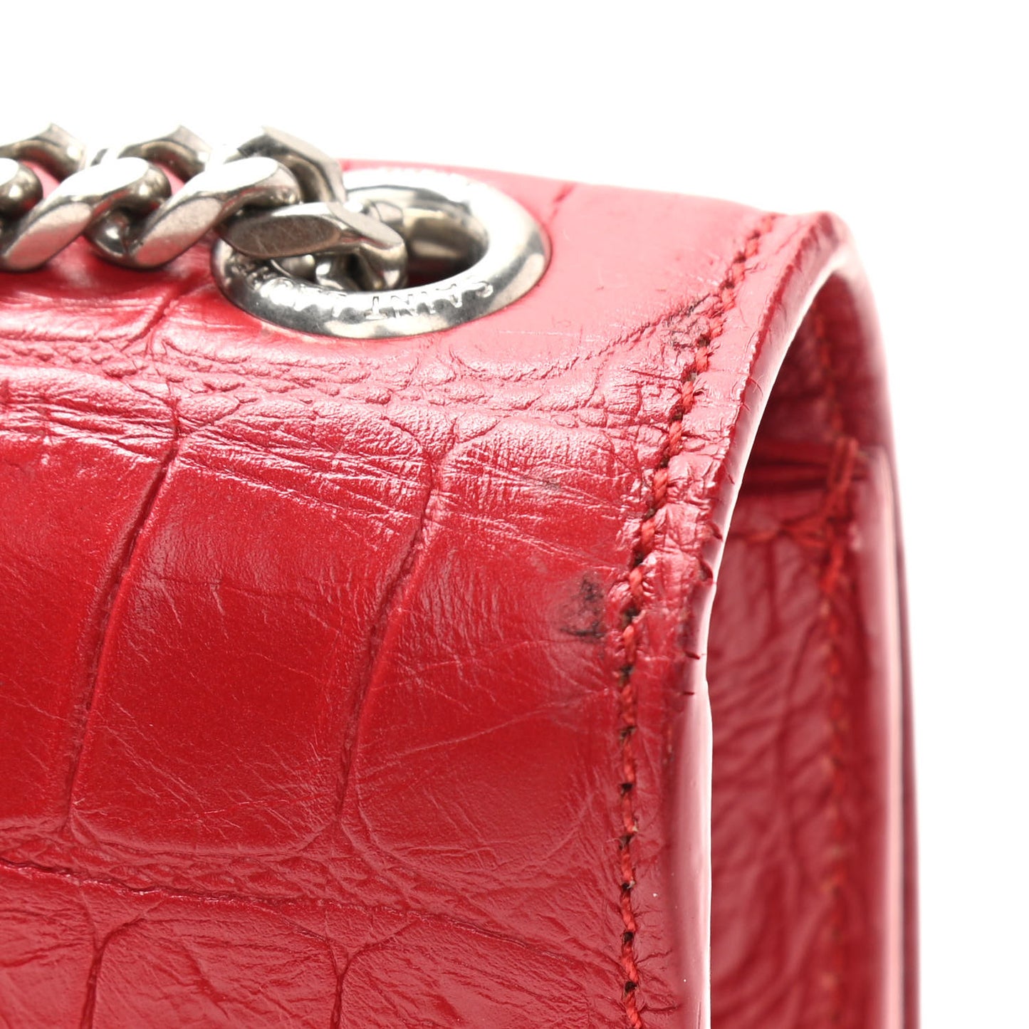 Calfskin Crocodile Embossed Medium Classic Monogram Kate Tassel Satchel Red